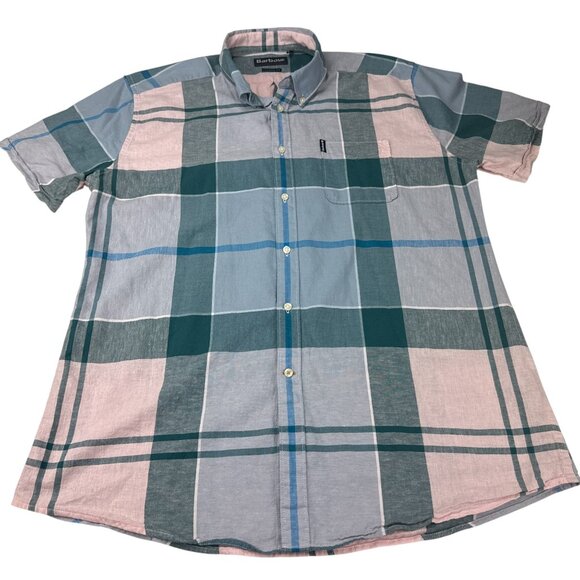 Barbour Shirt L Mens Short Sleeve Button Front Plaid Tan Checked Tailored Fit - Picture 1 of 8